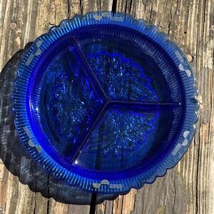 Cobalt Blue Glass Divided Plate or Relish Dish